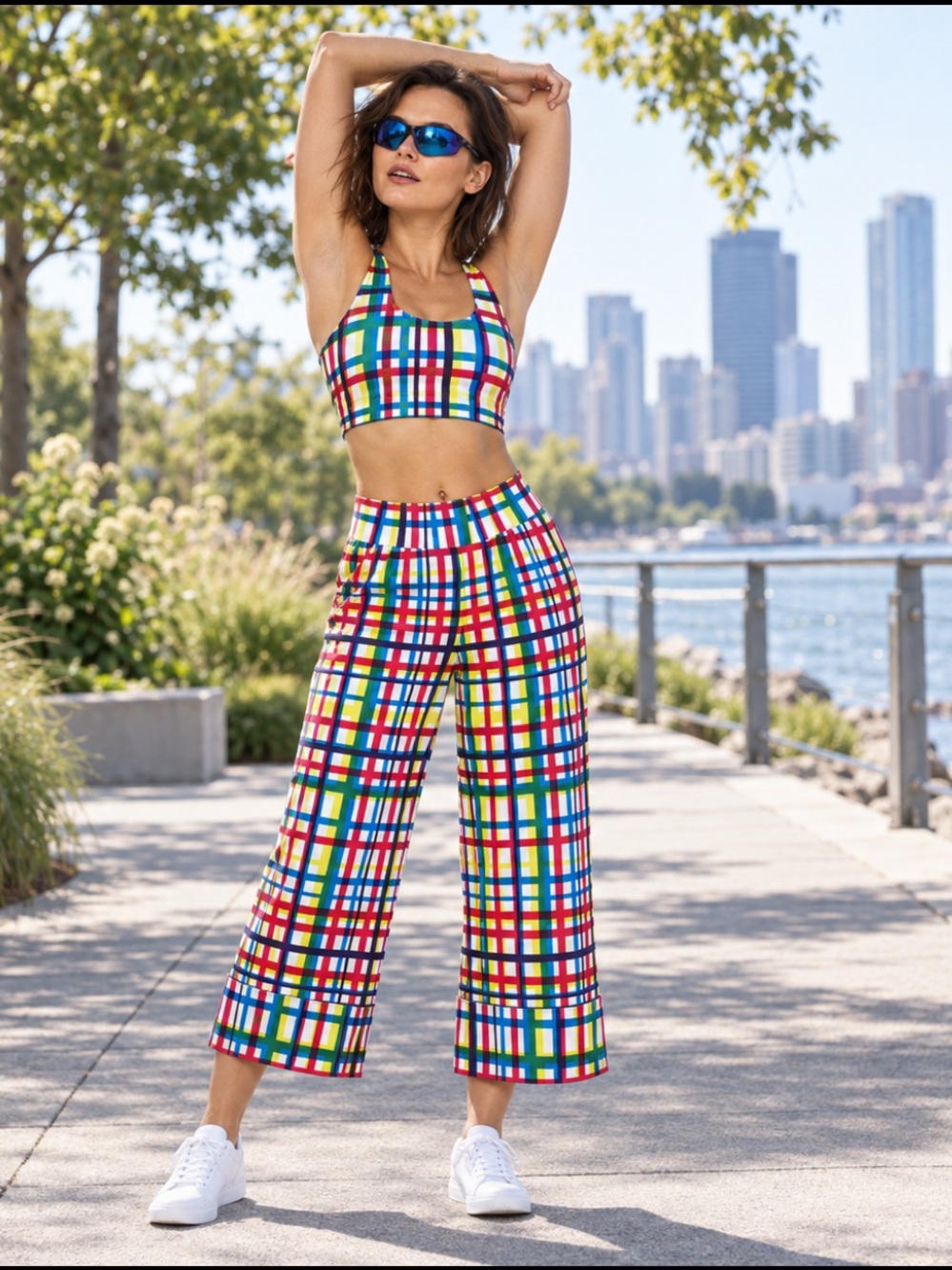 Terez Technicolor Plaid Cropped Wide Leg Pants Small NWT Multicolor